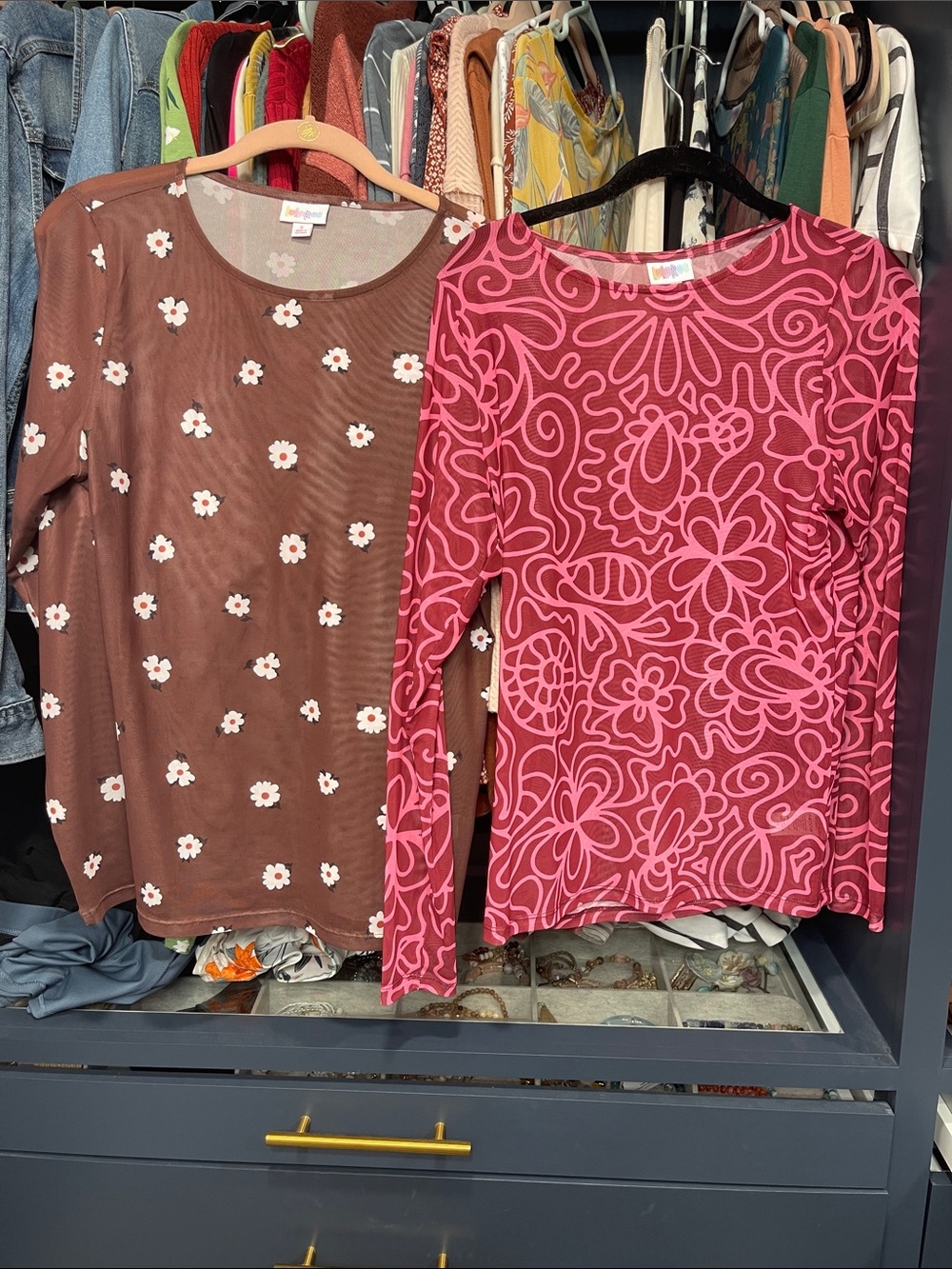 LuLaRoe Brown Daisy Top & Pink Floral-Print Long Sleeve Tops